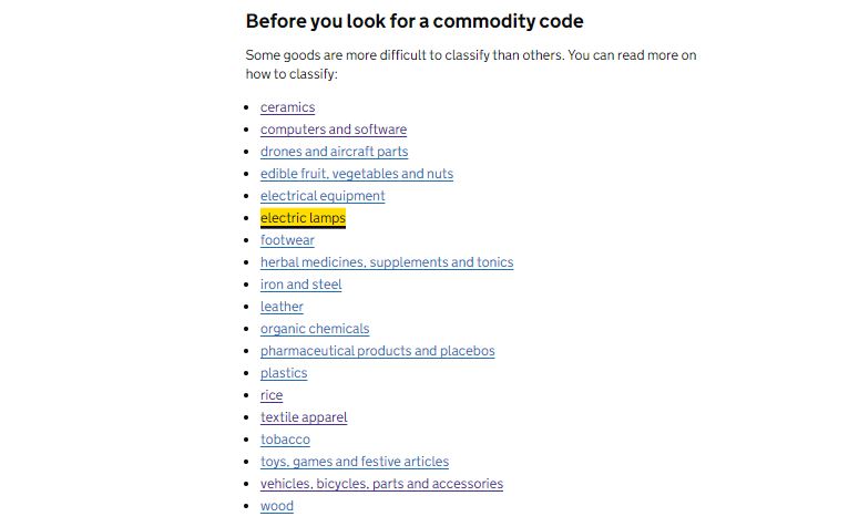 commodity code specific